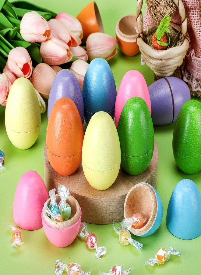 Marsui 12 Pcs Fillable Easter Colorful Wooden Eggs Basket Stuffers Hollow Wooden Easter Fake Eggs Hunt DIY Painting Art Craft Decorations Spring Home Decor - Image 3